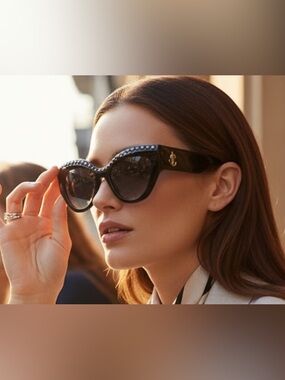 Jimmy Choo SONJA/G/S Crystal Cat Eye Sunglasses Black Gold Logo NEW Women